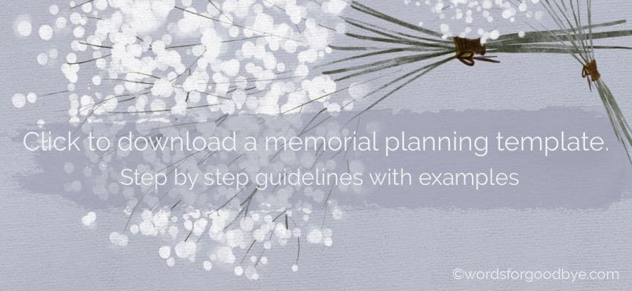 Image: stylized drawing of a bunch of soft white flowers. Text: Click to download a memorial planning template. Step by step guidelines with examples.