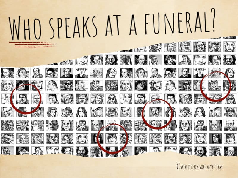 Image: photomontage of faces. Text: Who speaks at a funeral?